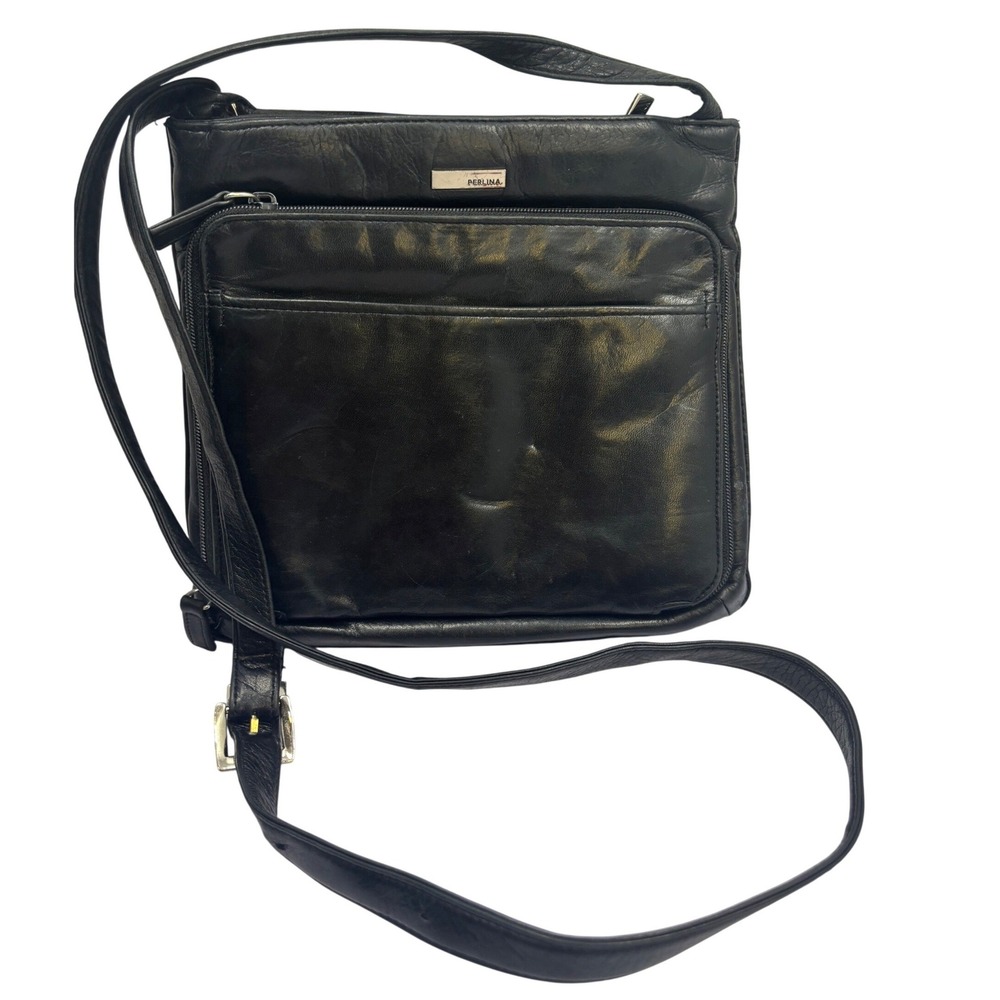 Perlina New‎ York Black Leather Crossbody Bag Organizer Pocket Messenger Purse